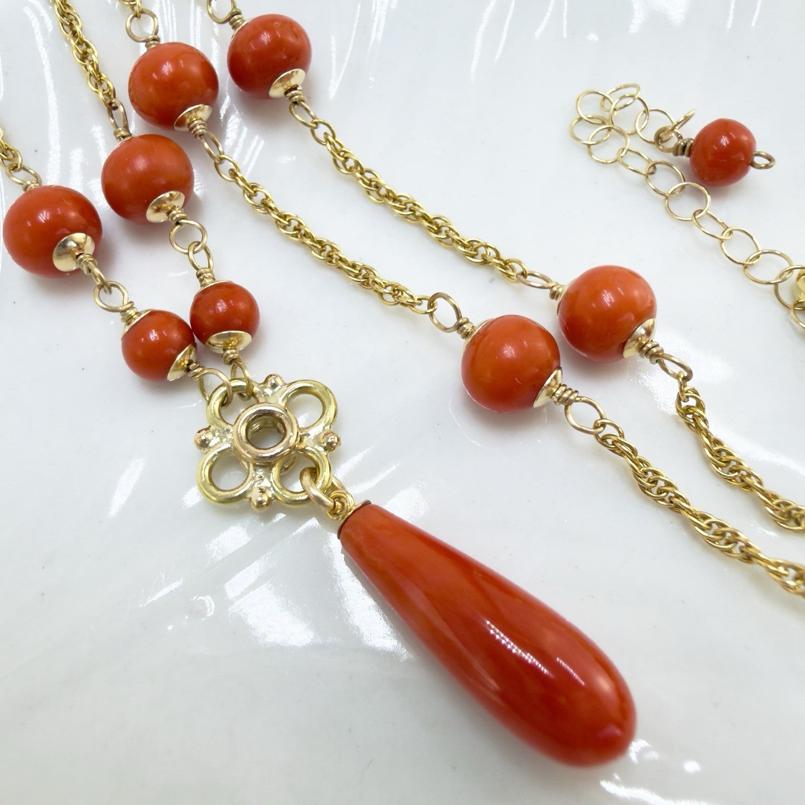 14k Yellow Gold Natural Red Coral Station Necklace w/Drop, 17.5-19" New