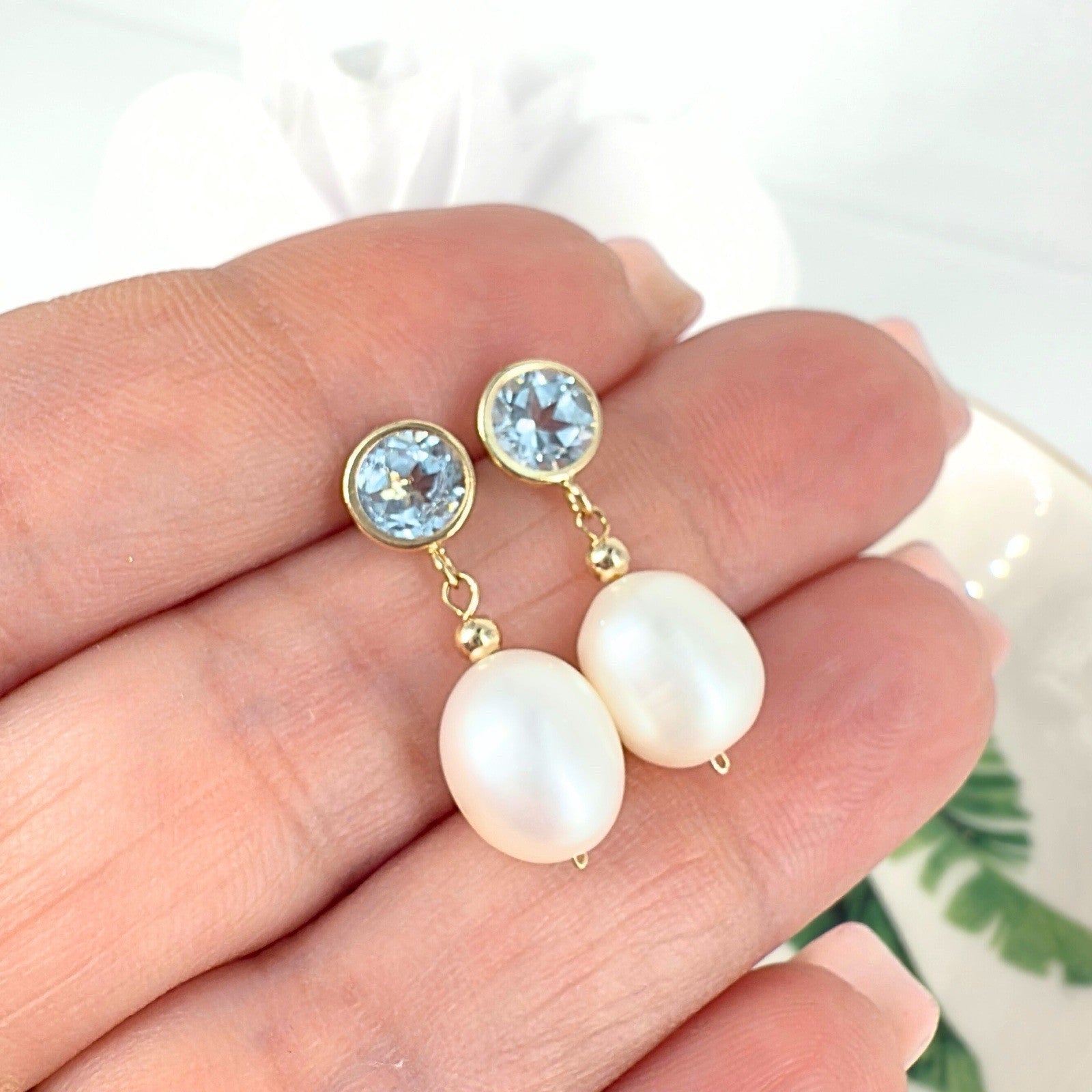 14k Yellow Gold Sky Blue Topaz & Genuine Cultured Pearl Dangle/Drop Earrings