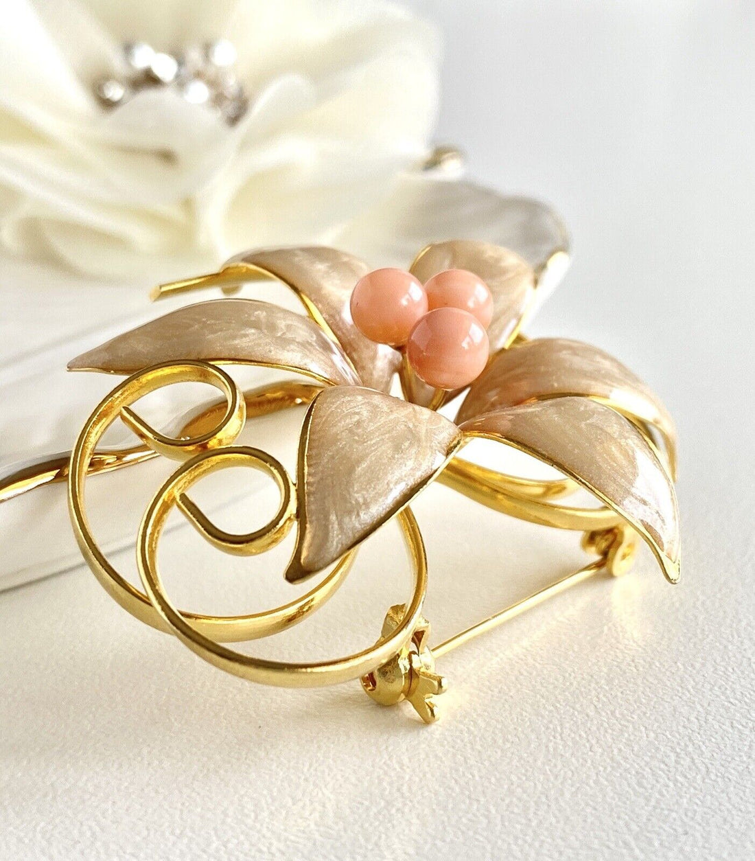 Heavy Gold Plated & Enameled Natural Coral Brooch/Pin, New Vintage Stock 6 Petal