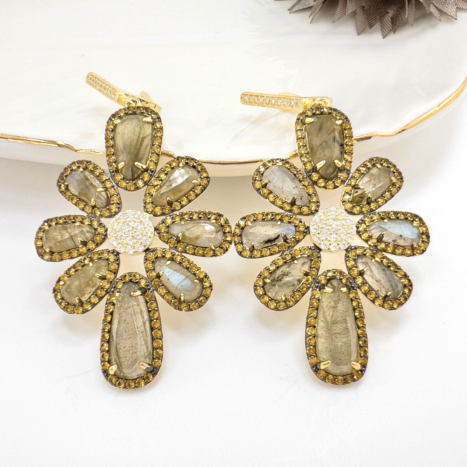 Genuine Labradorite Citrine & Cz Sterling Silver Vermeil Statement Earrings, New