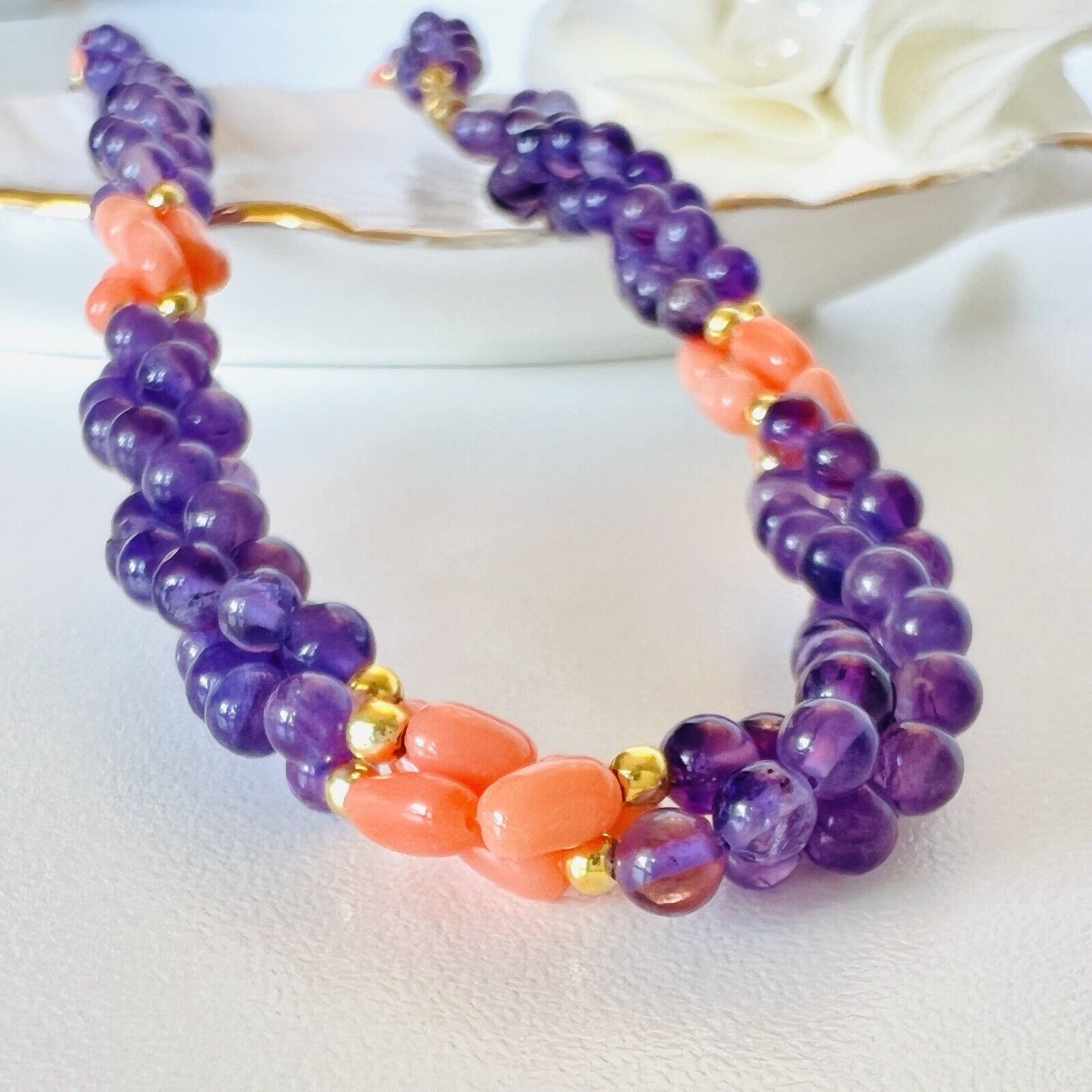 Vintage Beautiful Genuine Salmon Coral & Amethyst Woven Rope Necklace 18 inches