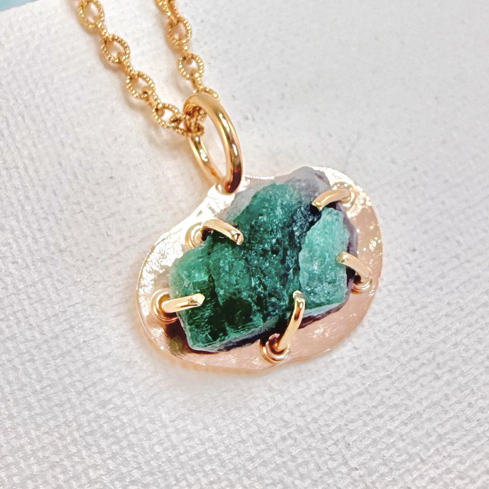 14k Yellow Gold Genuine Emerald Rough Freeform Modernist Pendant, New, Unisex