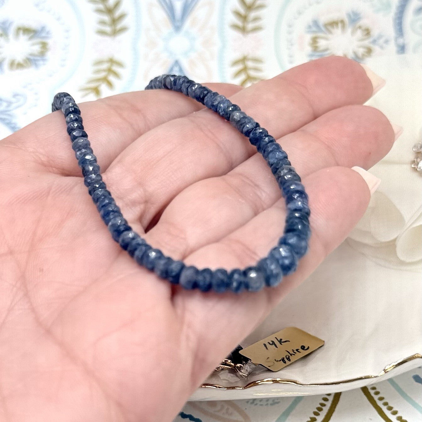 Genuine Sapphire (59ct) Solid 14k Yellow Gold Beaded Necklace, New 16"