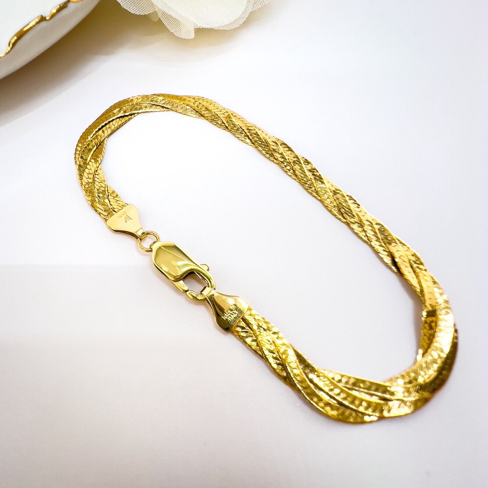 Solid 14k Yellow Gold Herringbone Flat Braided Bracelet, Italy 7.25"