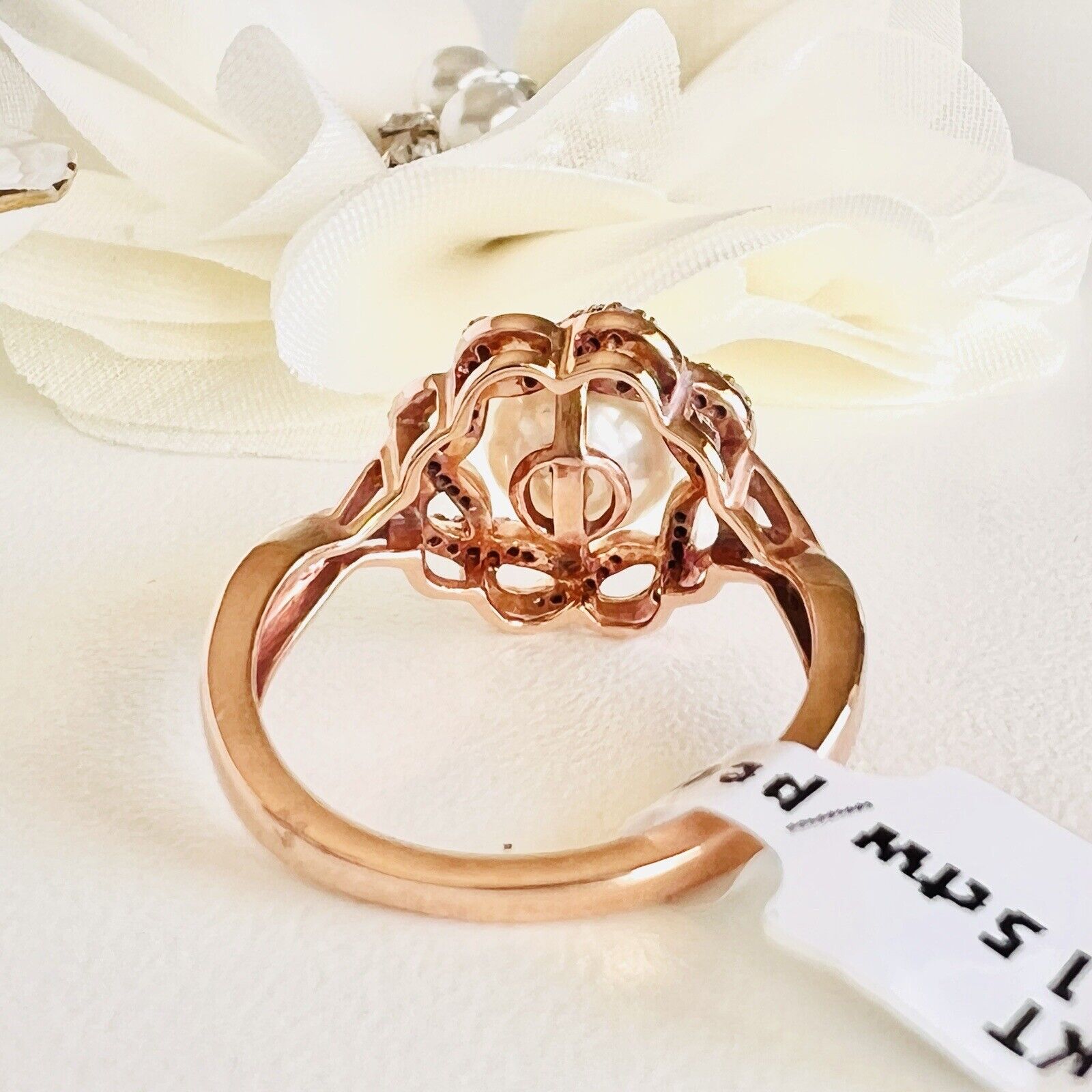 Solid 10k Rose Gold Genuine Pearl & Diamond Rosette Ring, New, Size 7
