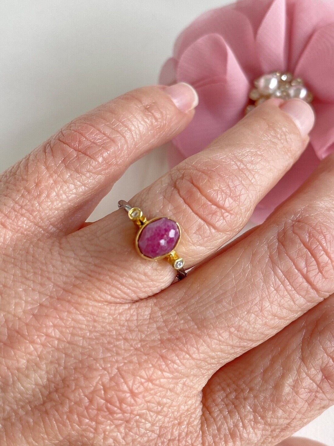 Antiqued Sterling Silver 22k Yellow Gold Ruby Ring Size 6.25