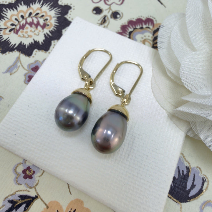14k Yellow Gold Genuine Gray/Peacock Pearl Drop Leaverback Earrings