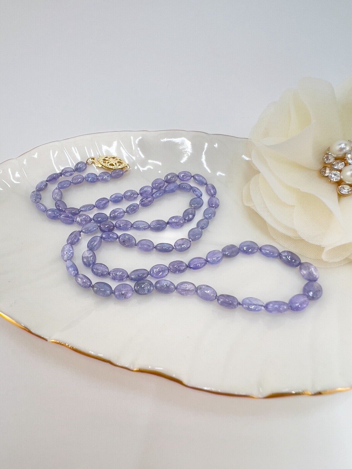 Natural Tanzanite 14k Yellow Gold Beaded Necklace, New 18"