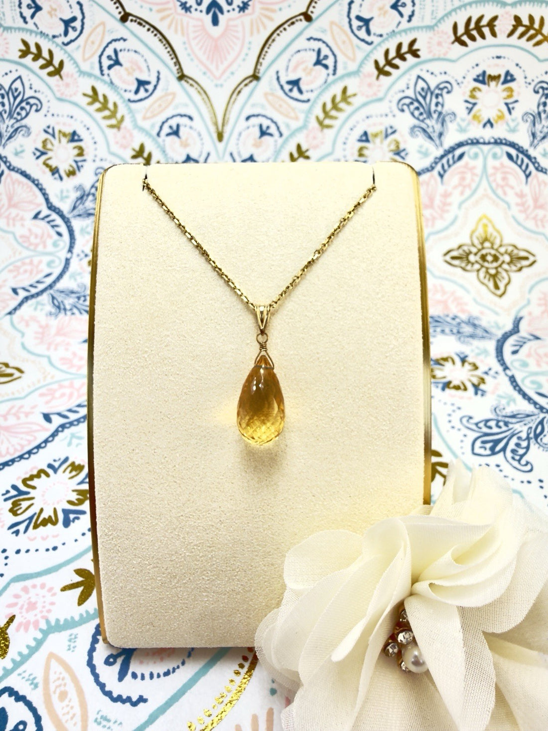14k Yellow Gold Genuine Citrine Drop Pendant, 1" New