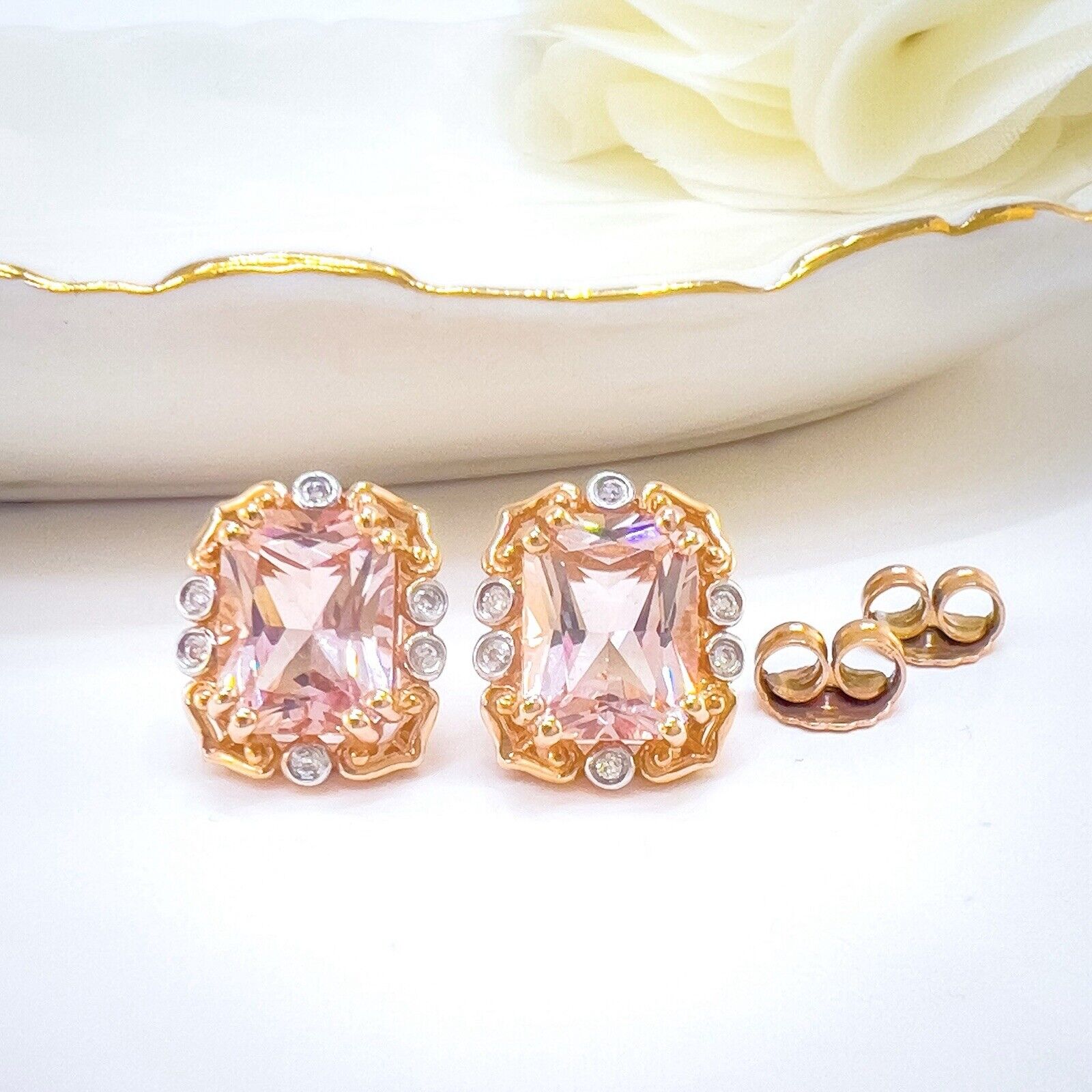 Vintage Style 14k Rose Gold Genuine Morganite & Diamond Stud Earrings, New