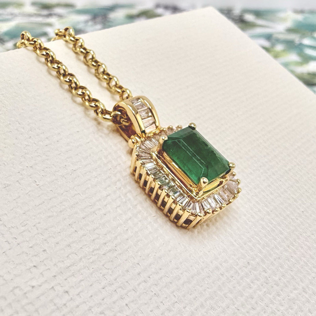 14k Yellow Gold Genuine Emerald & Diamond Pendant, Preowned