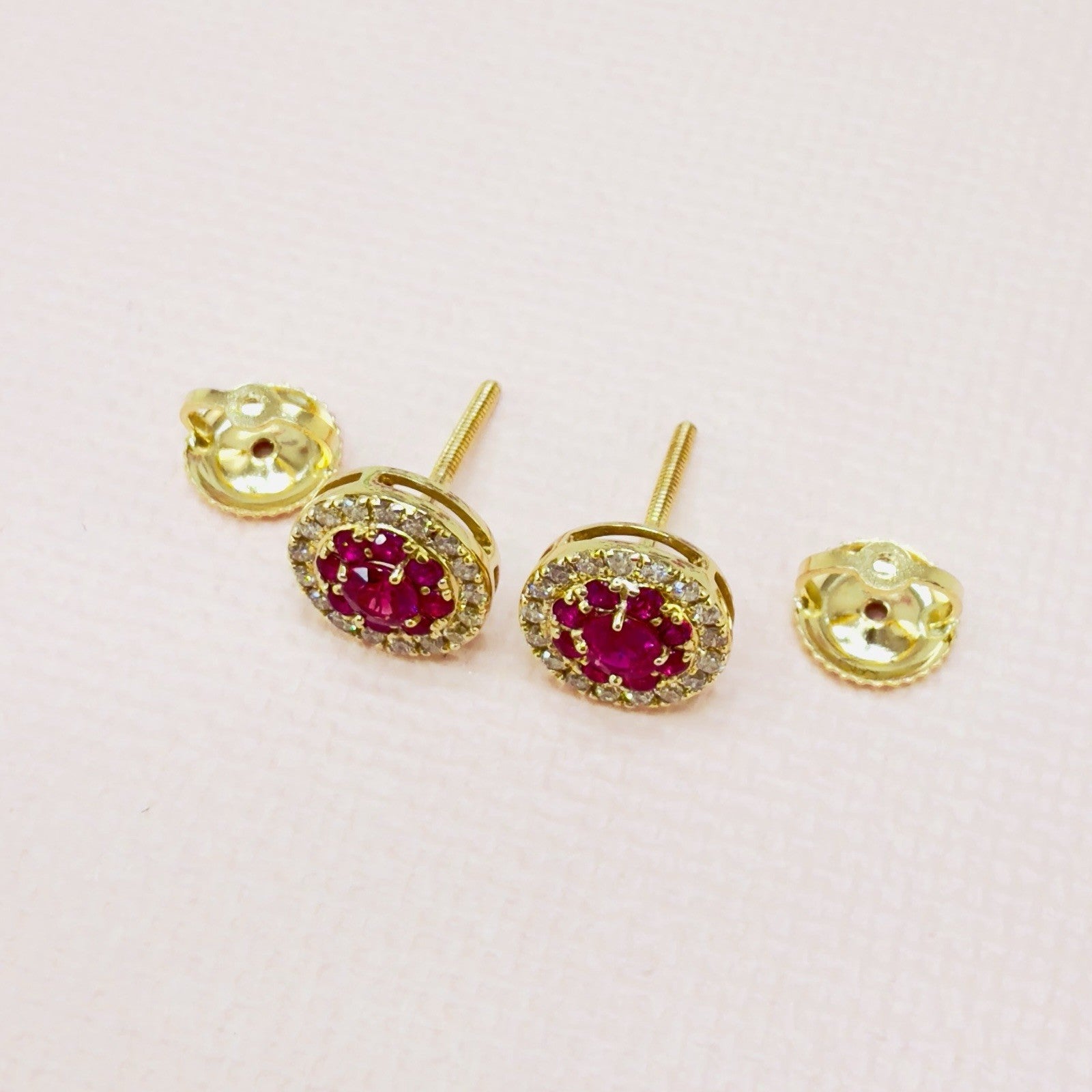 14k Yellow Gold Genuine Ruby & Diamond Halo Stud Screw-Back Earrings, New