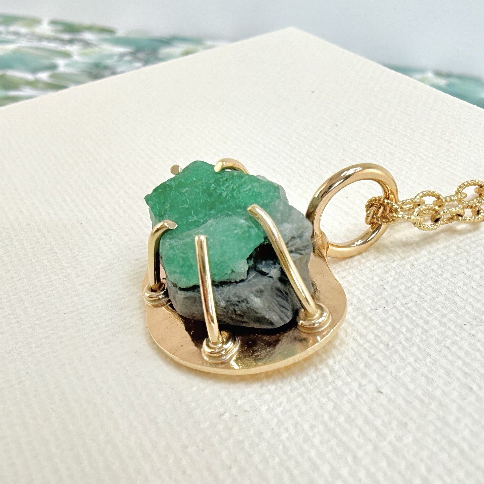 14k Yellow Gold Genuine Emerald Rough Freeform Modernist Pendant, New, Unisex