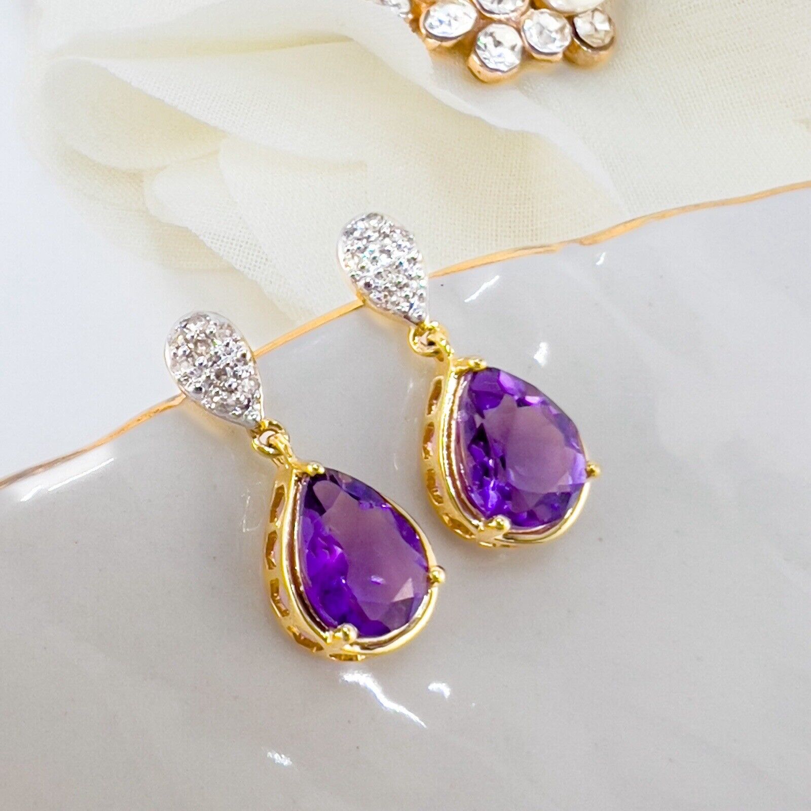 Genuine Amethyst & Diamond Solid 10k Yellow Gold Dangle/Drop Earrings