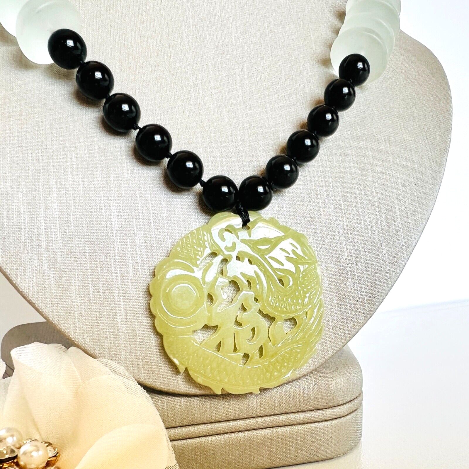 Genuine Multi-Gemstone Necklace With Serpentine Asian Dragon Pendant, New 30"