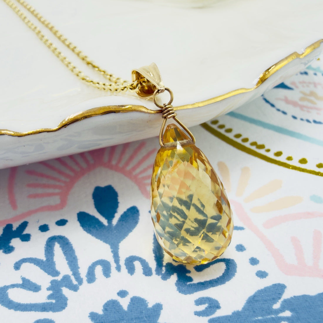 14k Yellow Gold Genuine Citrine Drop Pendant, 1" New