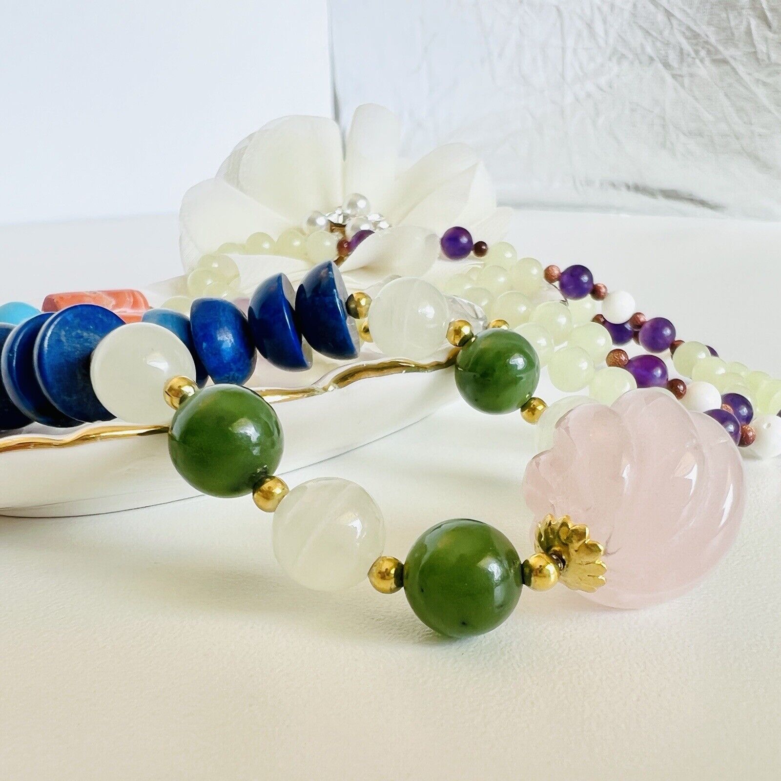 Natural Coral, Amethyst, Jade, Howlite, Serpentine & Quartz Beaded Necklace, New