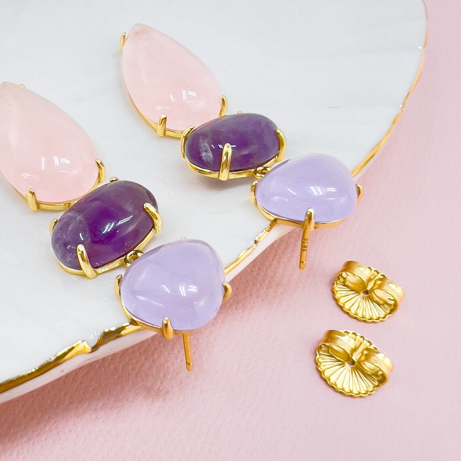 Genuine Rose-Quartz Amethyst Chalcedony Sterling Silver Vermeil Dangle Earrings