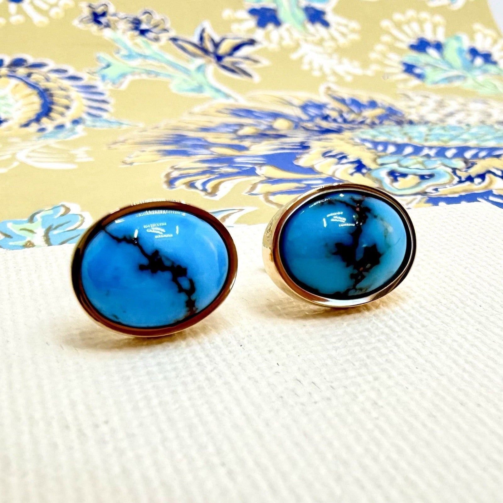 14k Yellow Gold Egyptian Turquoise Custom Made Stud Earrings, New Pair #2