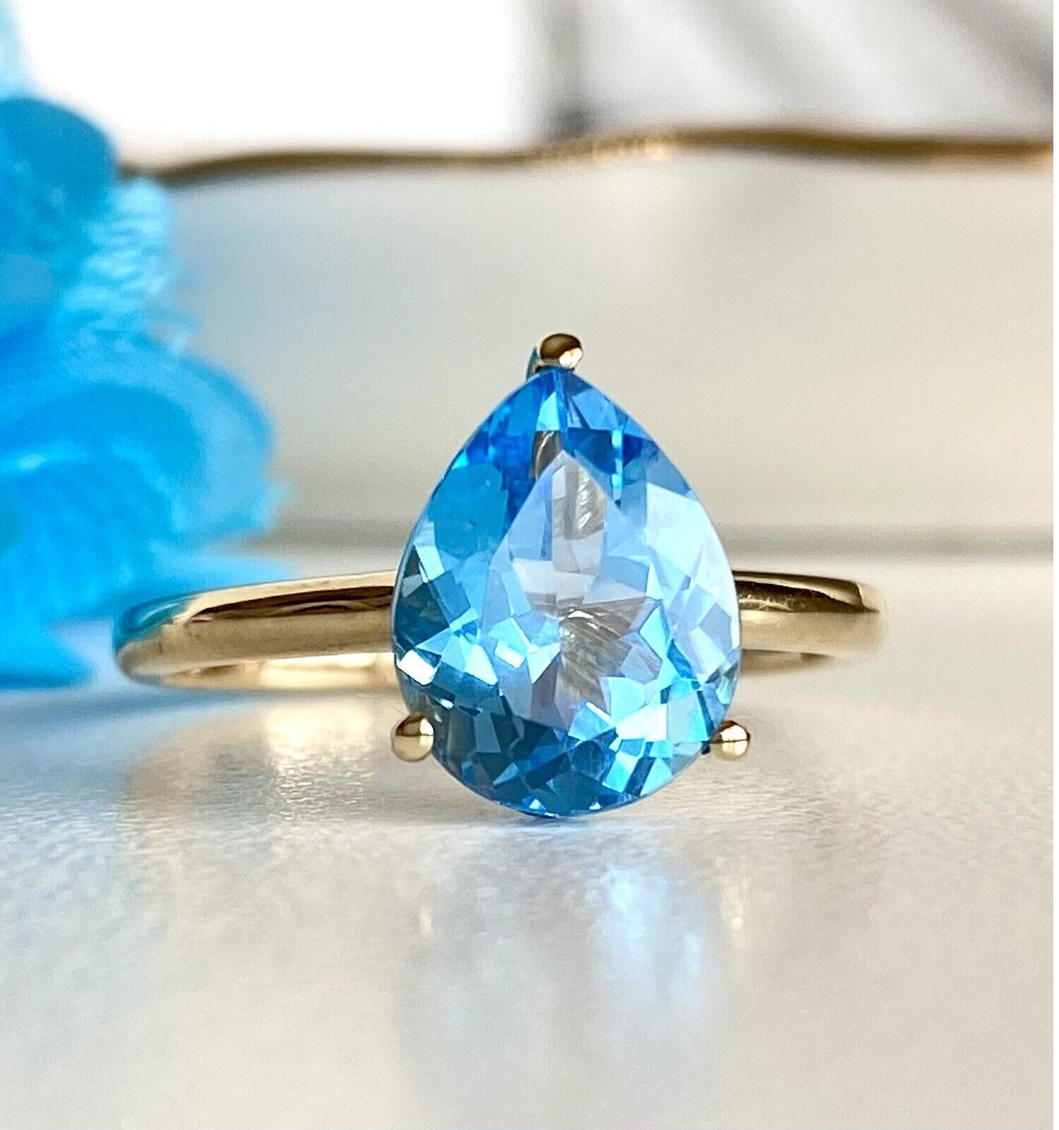 Solid 14K Yellow Gold and Genuine Swiss Blue Topaz Solitaire Ring, New