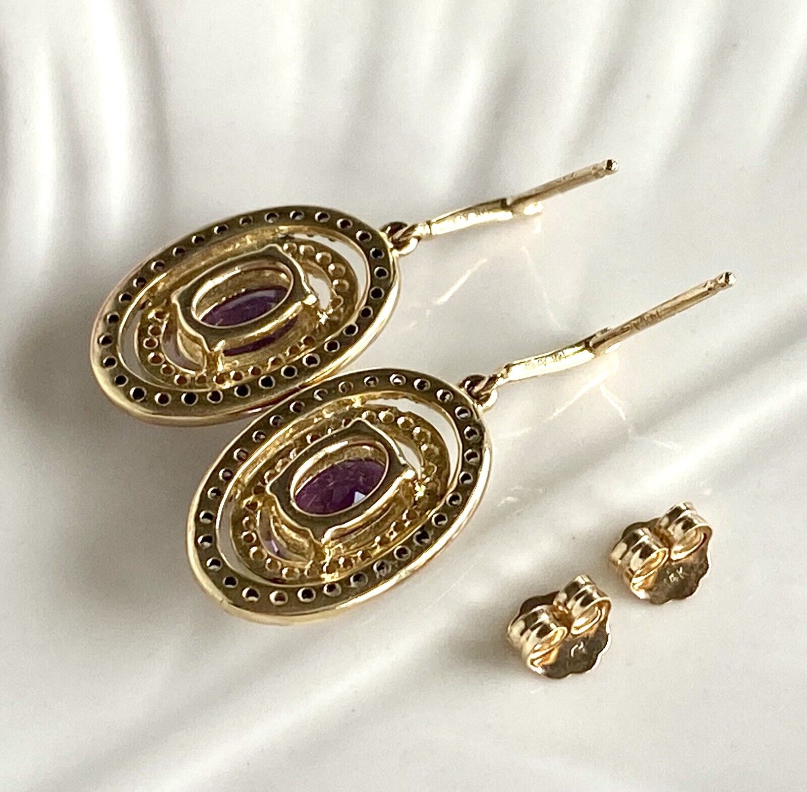 Solid 14k Yellow Gold Genuine Amethyst & Diamond Halo Dangle/Drop Earrings, New