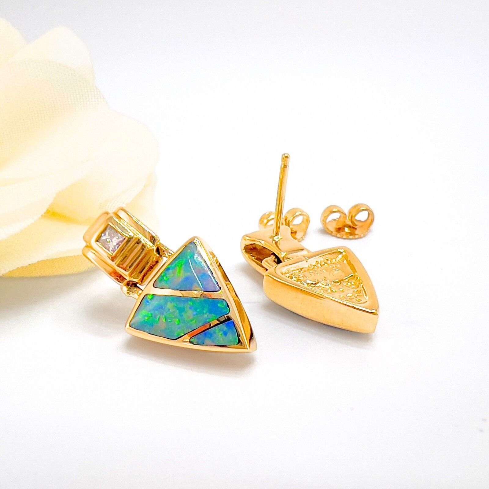 14k Yellow Gold Genuine Opal Inlay & Diamond Dangle Earrings