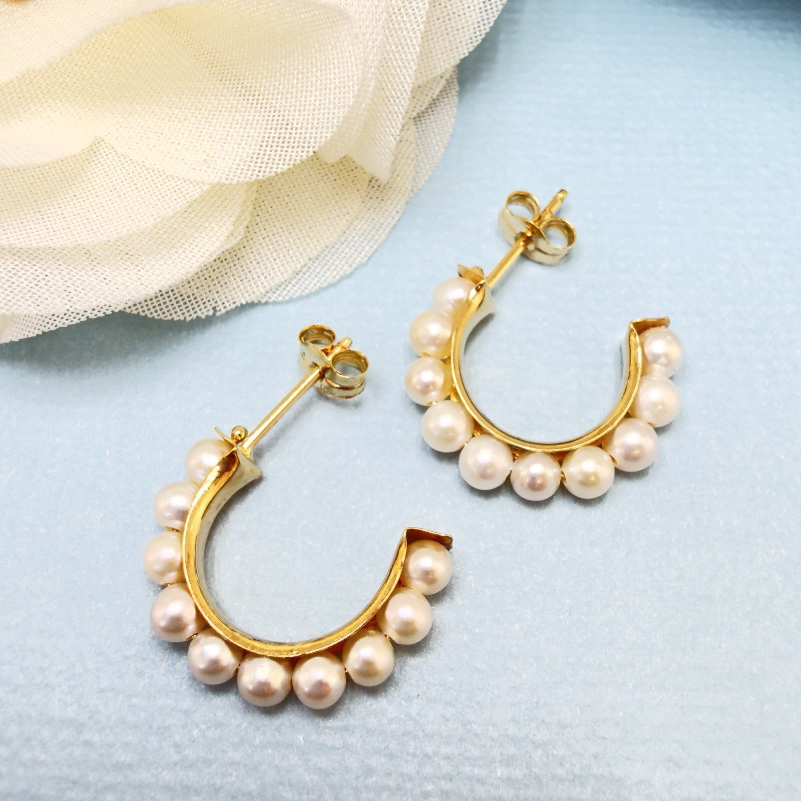 14k Yellow Gold Genuine Pearl Hoop Earrings, New