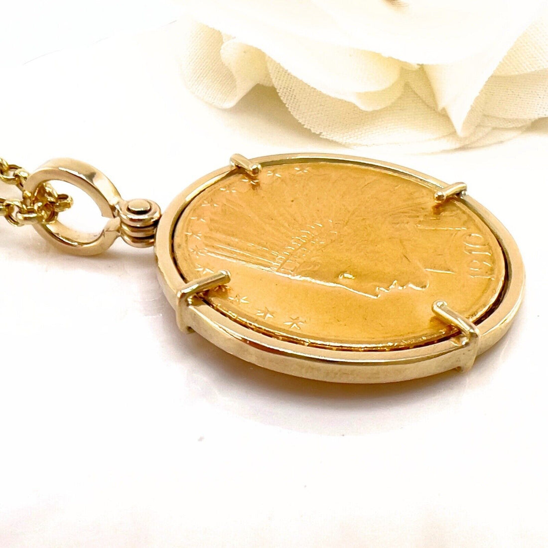 Genuine 1910 US Indian Head 10 Dollar Eagle Gold Coin With 14k Pendant Frame