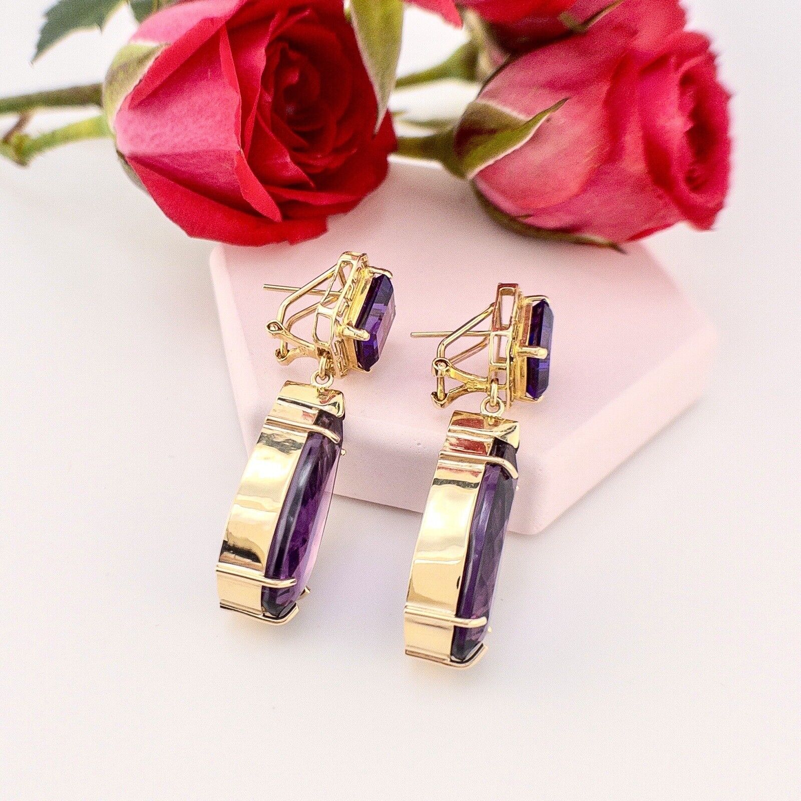 Solid 14k Yellow Gold Genuine Amethyst Omega-Back Dangle/Drop Earrings, 1.8"