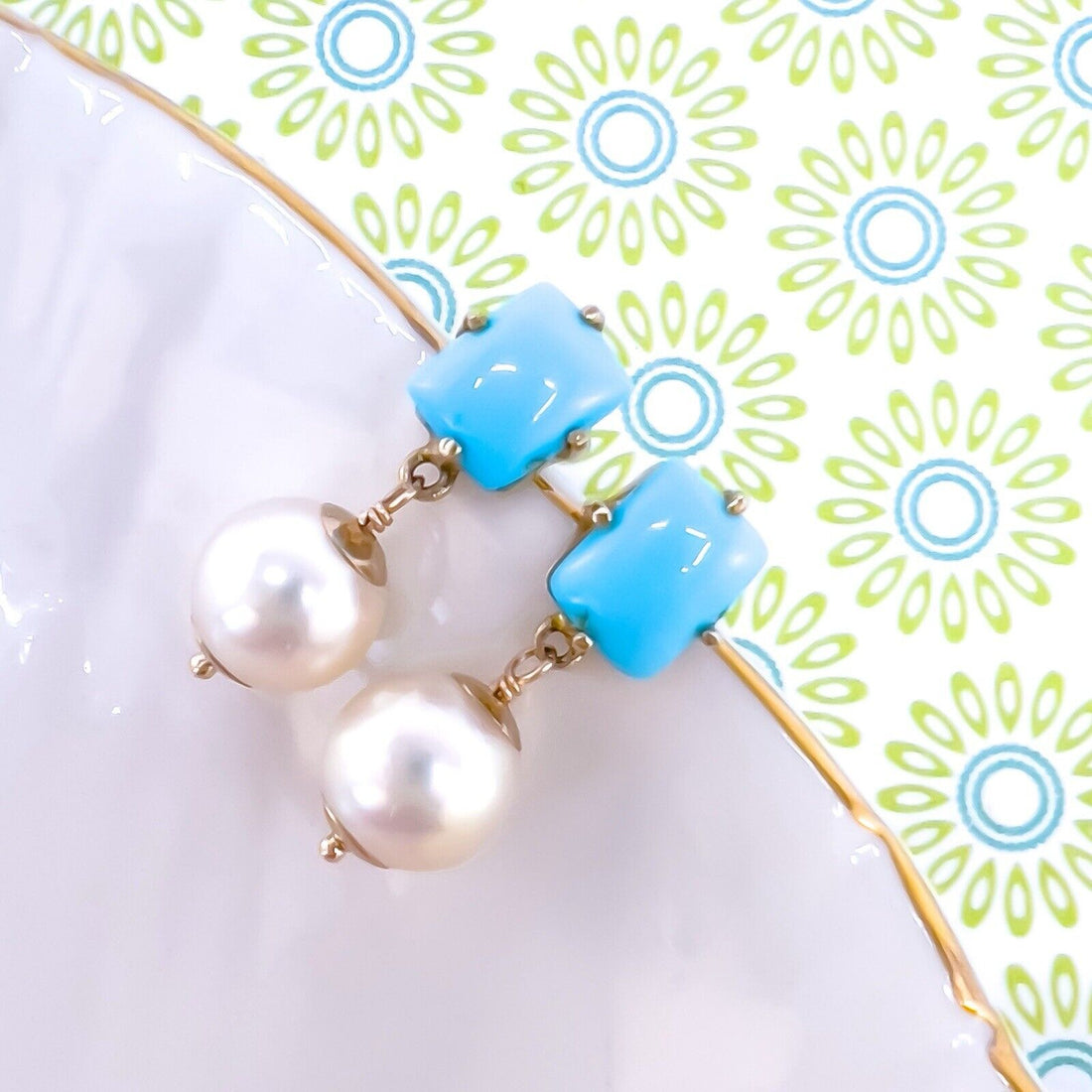 14k Yellow Gold Sleeping Beauty Turquoise & Akoya Pearl Dangle Earrings, New