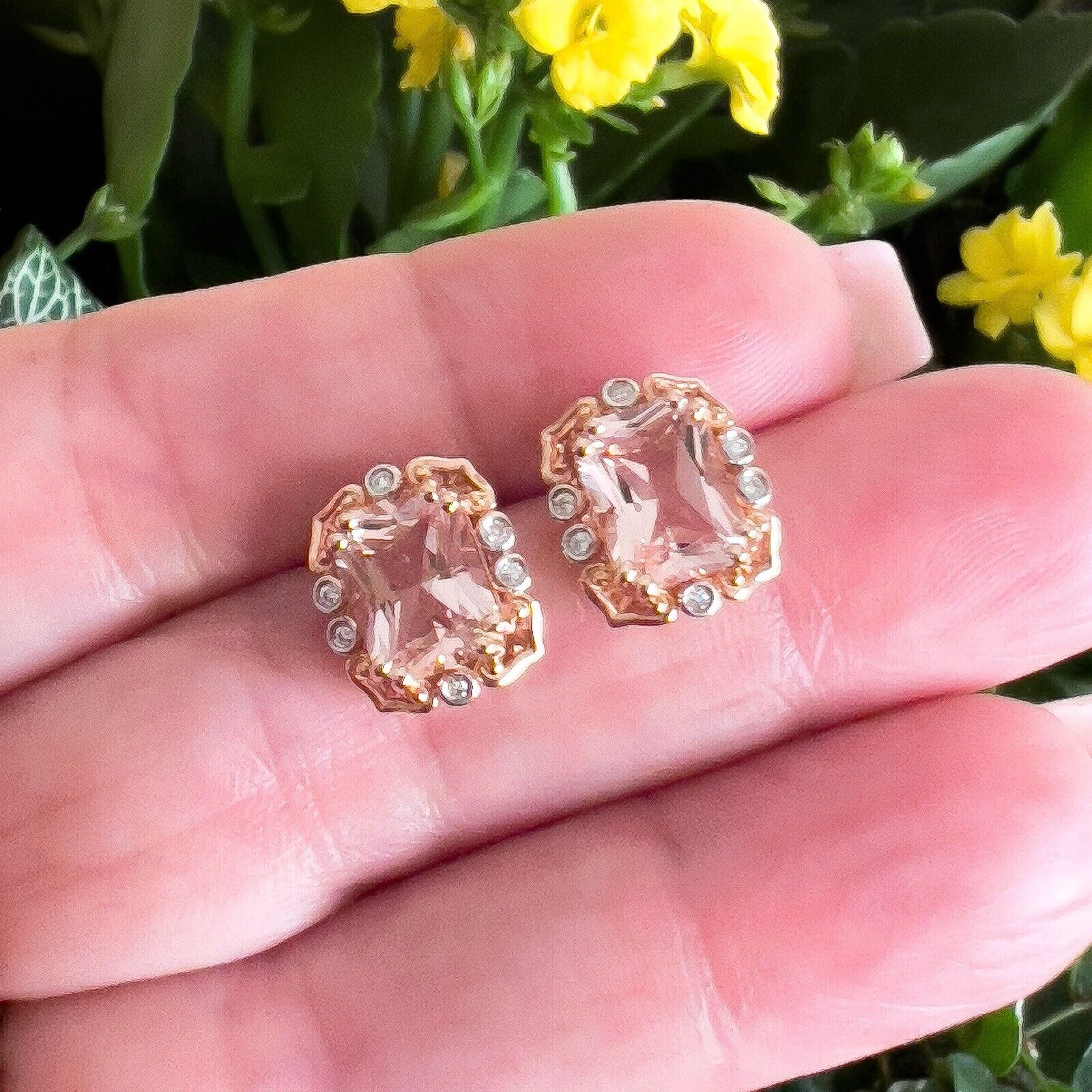 Vintage Style 14k Rose Gold Genuine Morganite & Diamond Stud Earrings, New