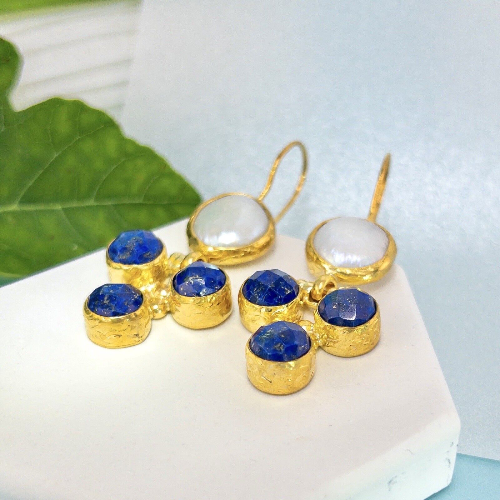 Natural Lapis Lazuli & Coin Pearl Gold Plated Dangle/Drop Earring, New 2"