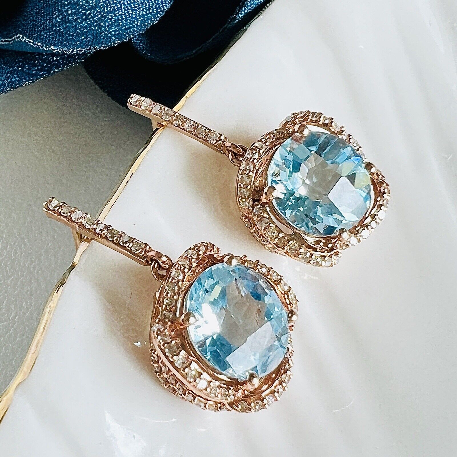 Solid 10k Rose Gold Genuine Blue Topaz (4.40ct) Diamond Dangle/Drop Earrings/New