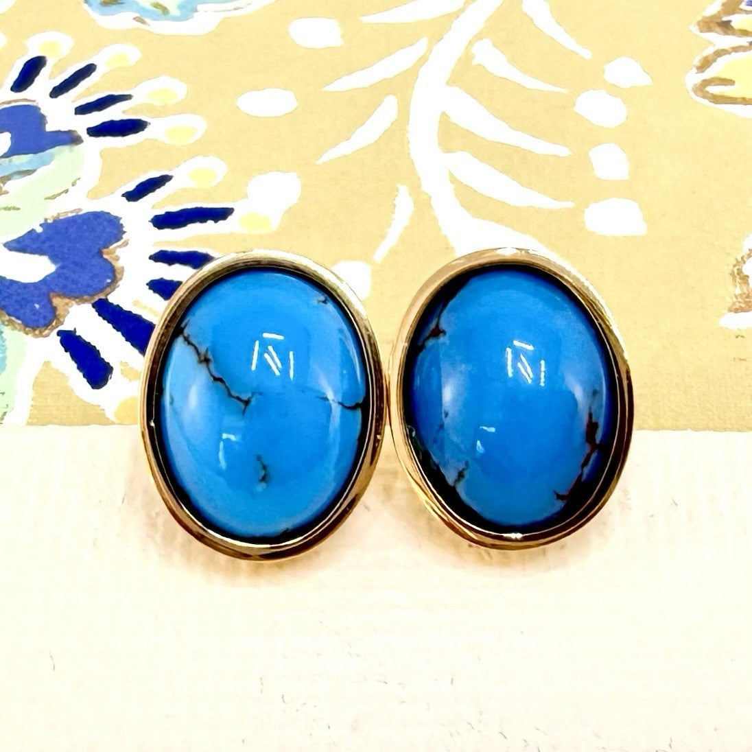14k Yellow Gold Egyptian Turquoise Custom Made Stud Earrings, New Pair #3