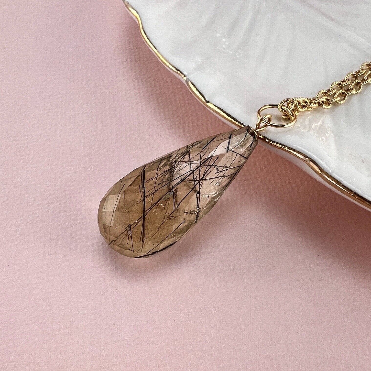 Solid 14k Yellow Gold Tourmalinated Smoky Quartz Briolette/Drop Pendant, New