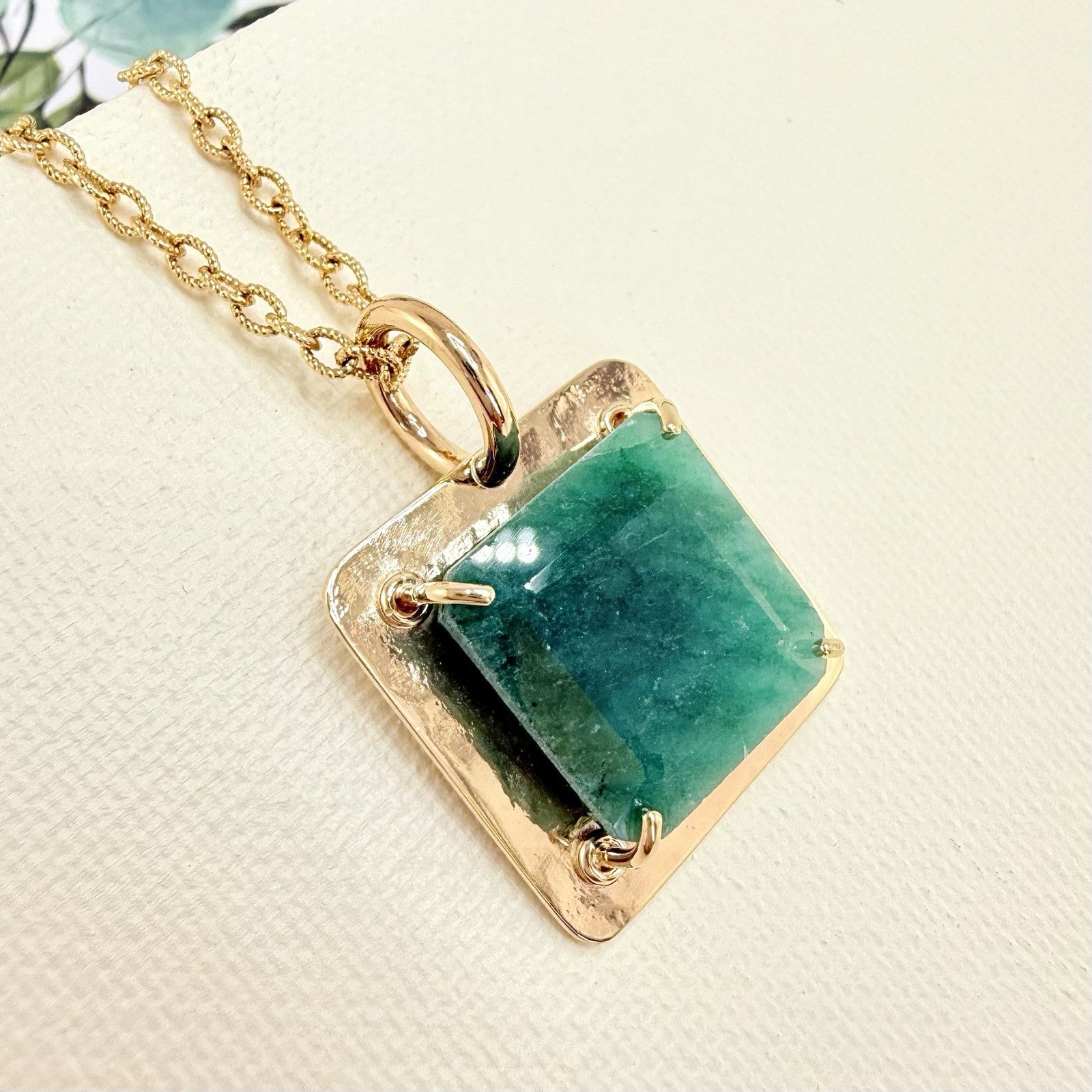 14k Yellow Gold Genuine Emerald Modernist Unisex Pendant, Newly Handcrafted