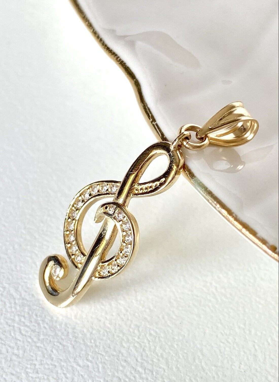 Solid 14K Yellow Gold & Cubic Zirconia "G" Clef Musical Symbol Pendant, New 1.3"
