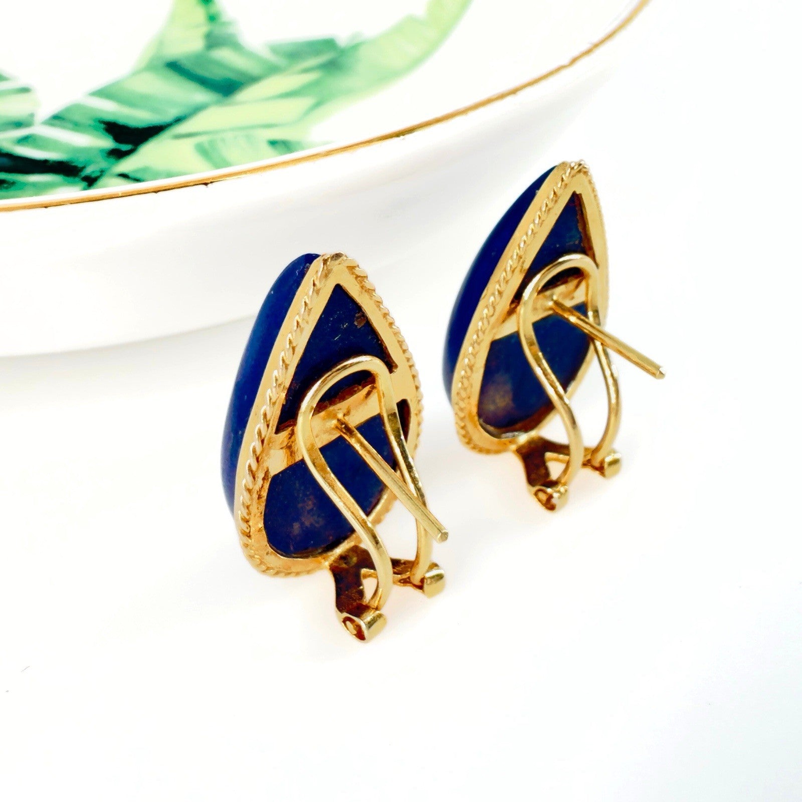 14k Yellow Gold Dark Blue Lapis Lazuli Omega Back Earrings, Preowned