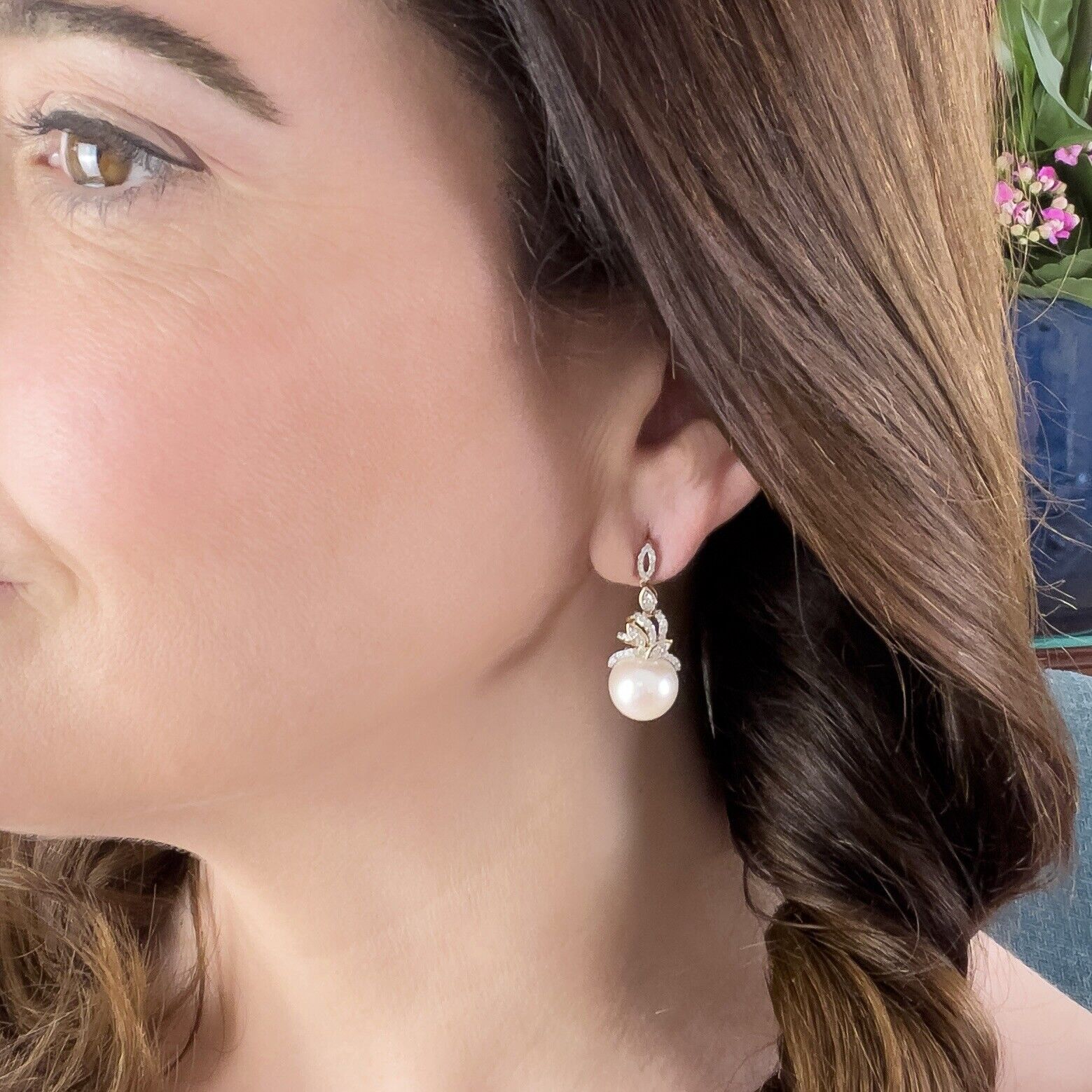 Genuine White Pearl (11.25mm) & Diamond 14k Yellow Gold Dangle Earrings, New