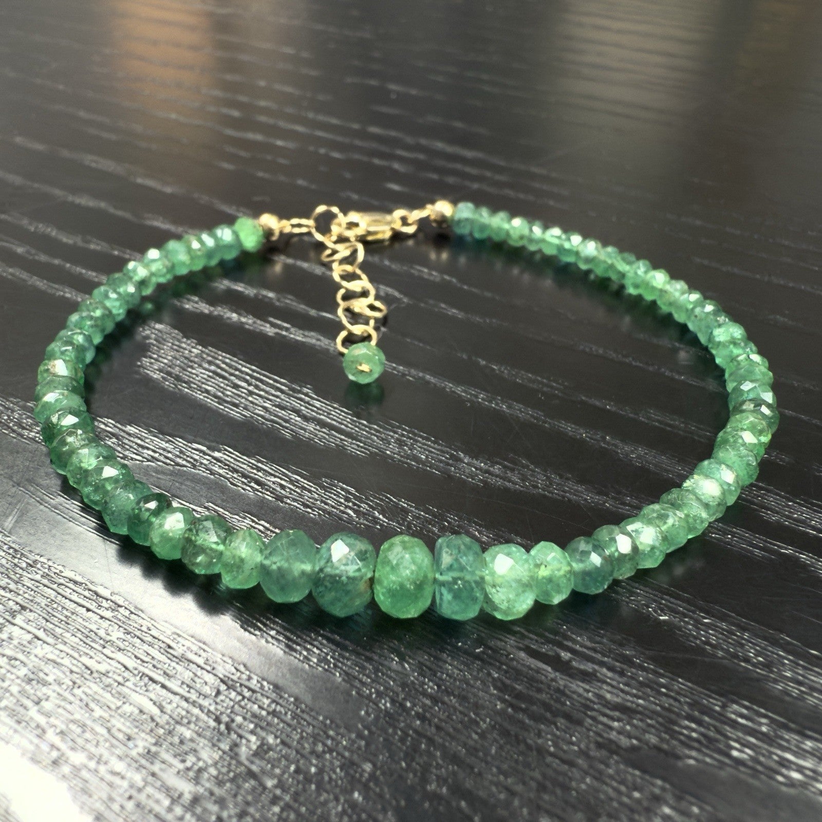 14k Yellow Gold Natural Emerald Bracelet, Adjustable 6.75-7.75", New