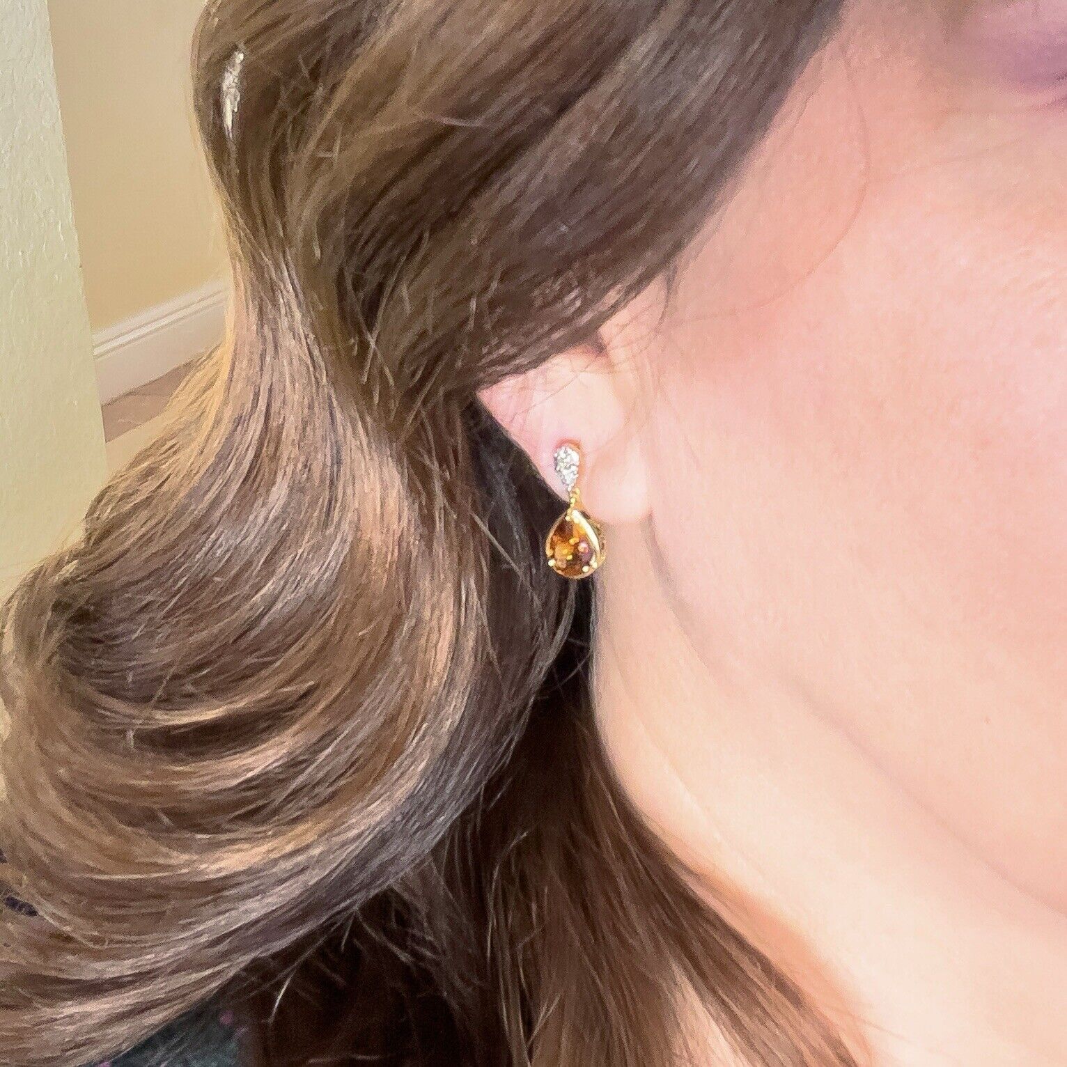 Genuine Citrine & Diamond Solid 10k Yellow Gold Dangle/Drop Earrings