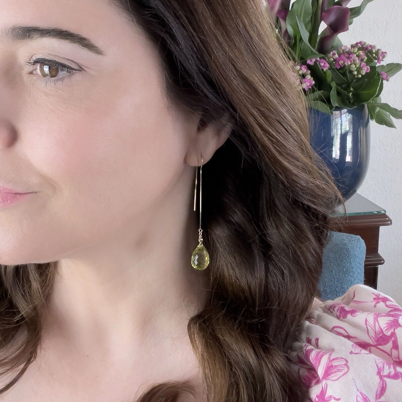 14k Yellow Gold Genuine Lemon Citrine Threader Drop/Dangle Earrings, New, 2.80"