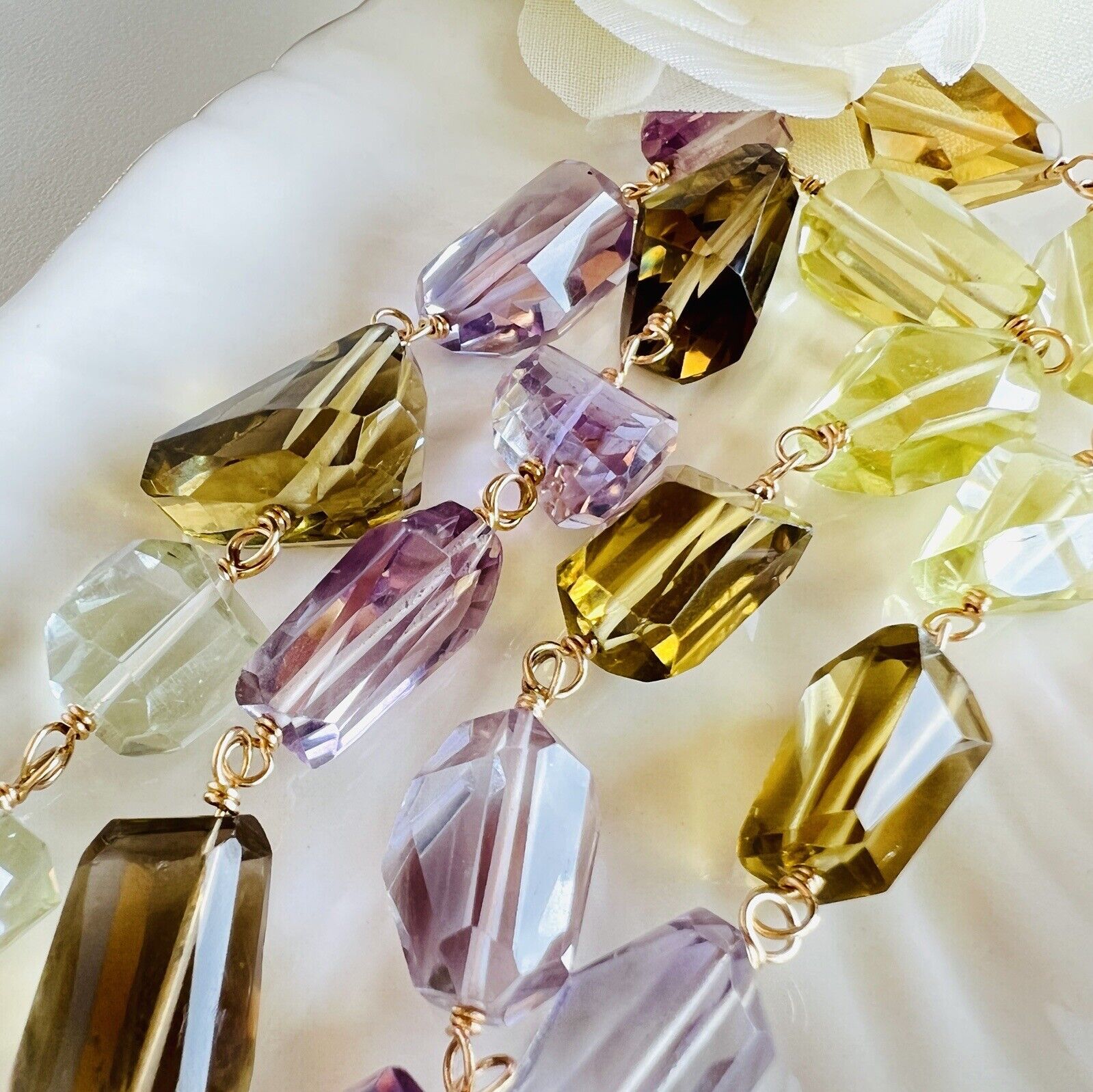 Solid 14k Yellow Gold Multi-Color Quartz Nugget Station Necklace 20" New