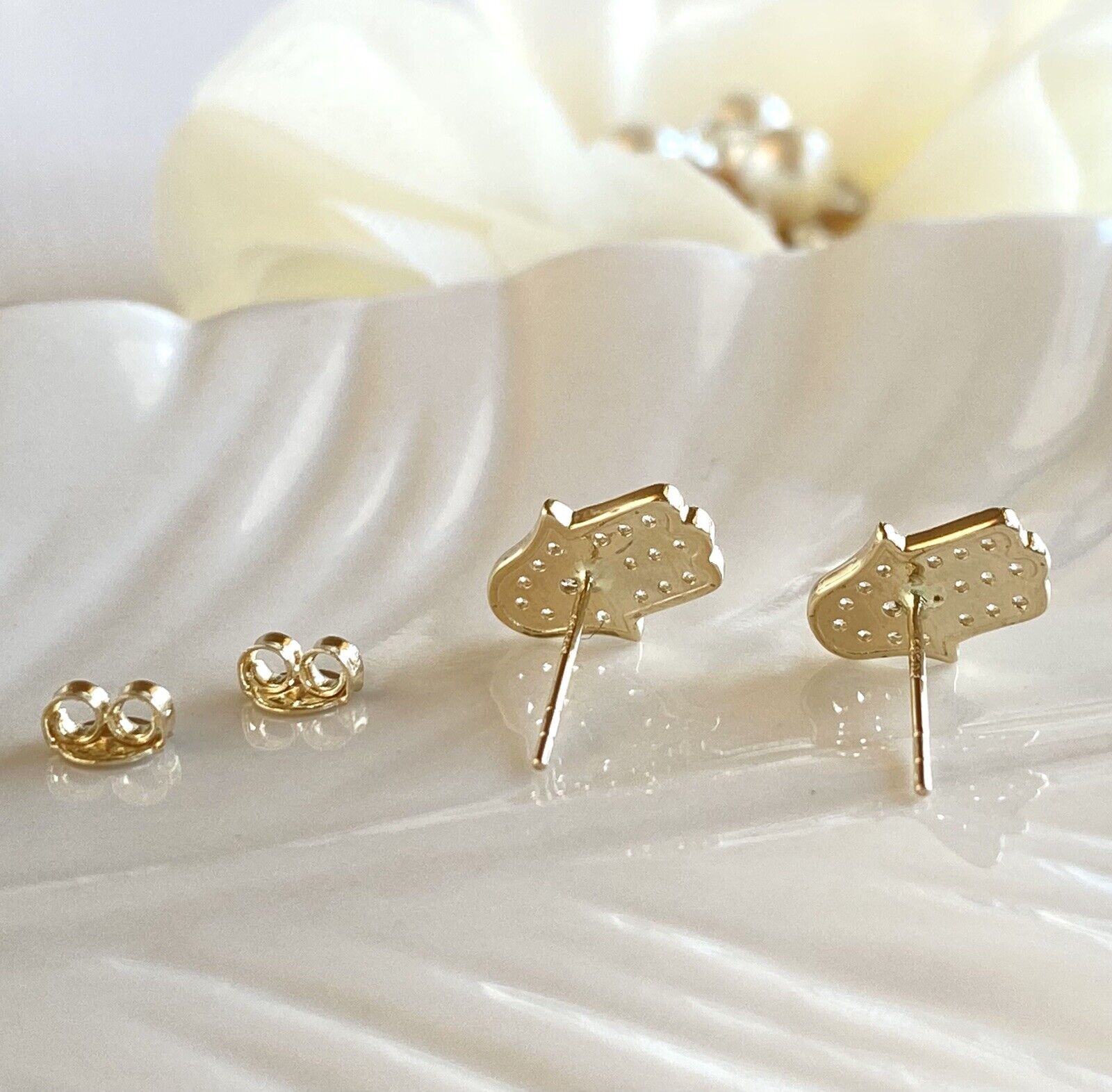 Solid 14K Yellow Gold & Cubic Zirconia Hamsa Hand Stud Earrings, New