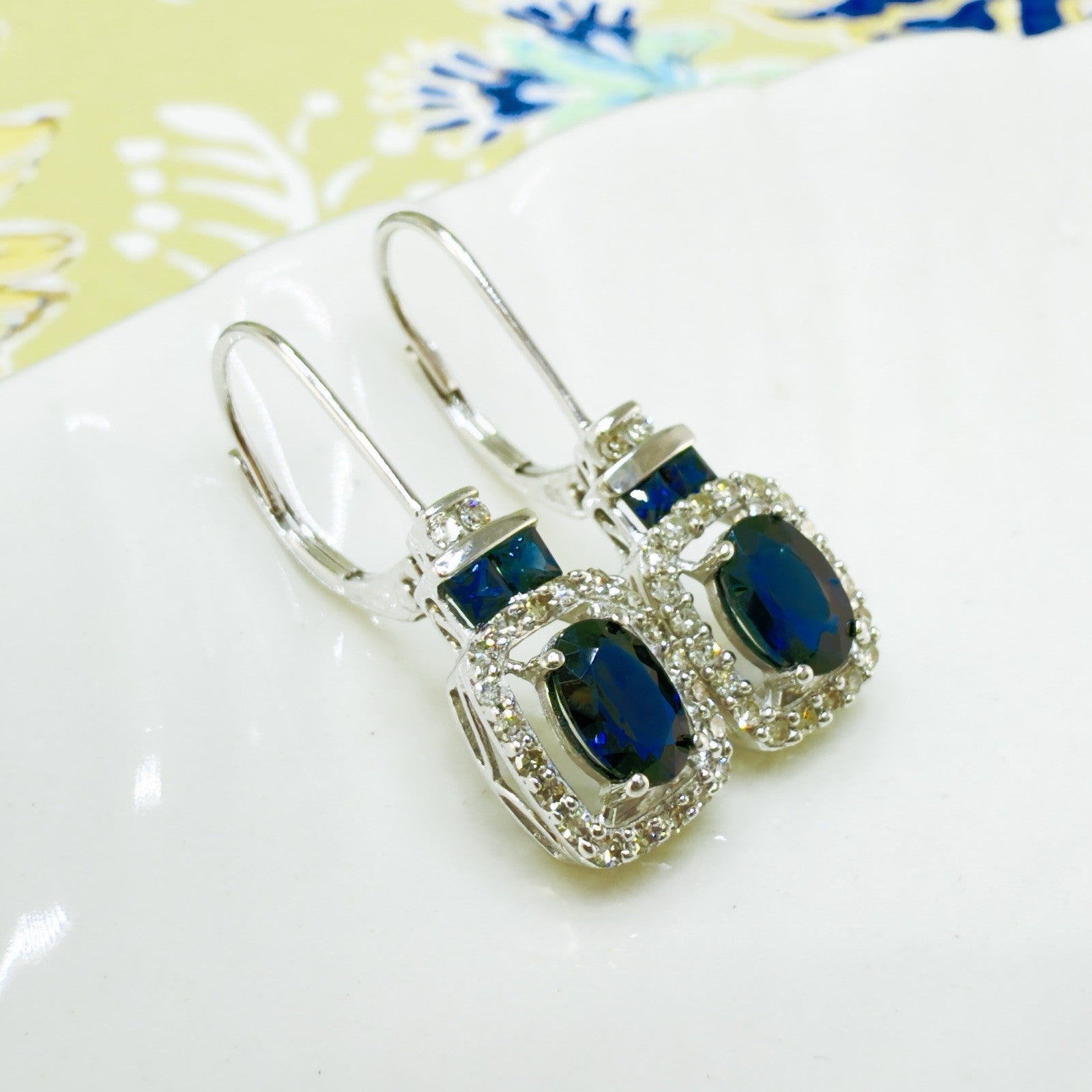 14k White Gold Genuine Sapphire & Diamond Leverback Dangle/Drop Earrings, New 1"