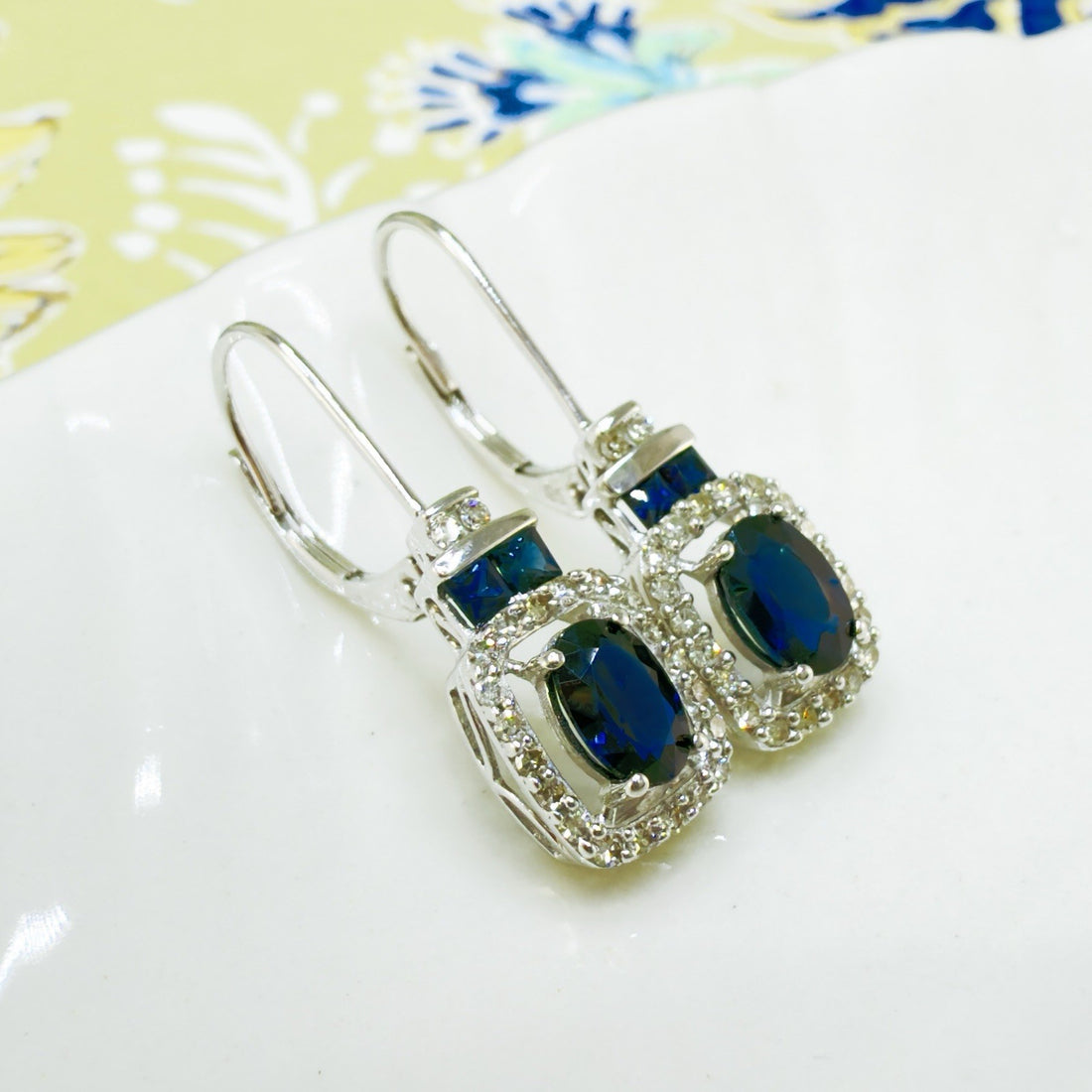 14k White Gold Genuine Sapphire & Diamond Leverback Dangle/Drop Earrings, New 1"