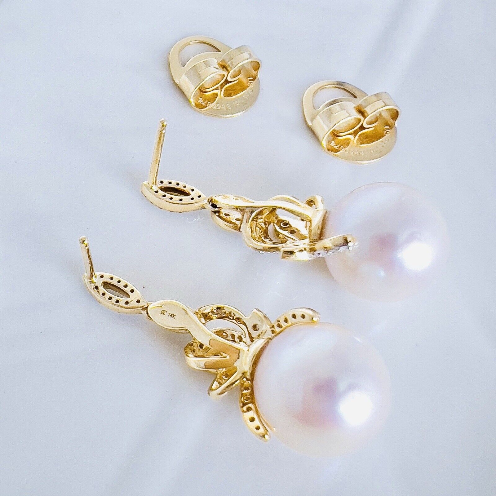 Genuine White Pearl (11.25mm) & Diamond 14k Yellow Gold Dangle Earrings, New