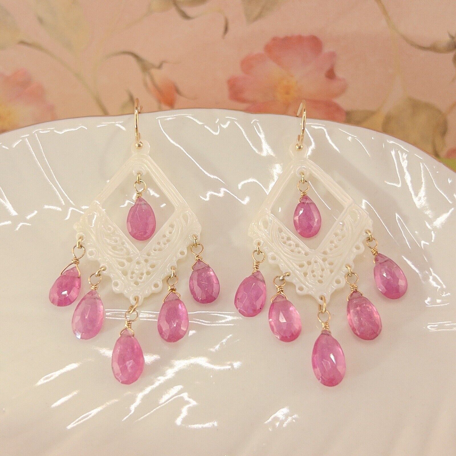 Solid 14k Yellow Gold Pink Sapphire & Mother of Pearl Chandelier Dangle Earrings