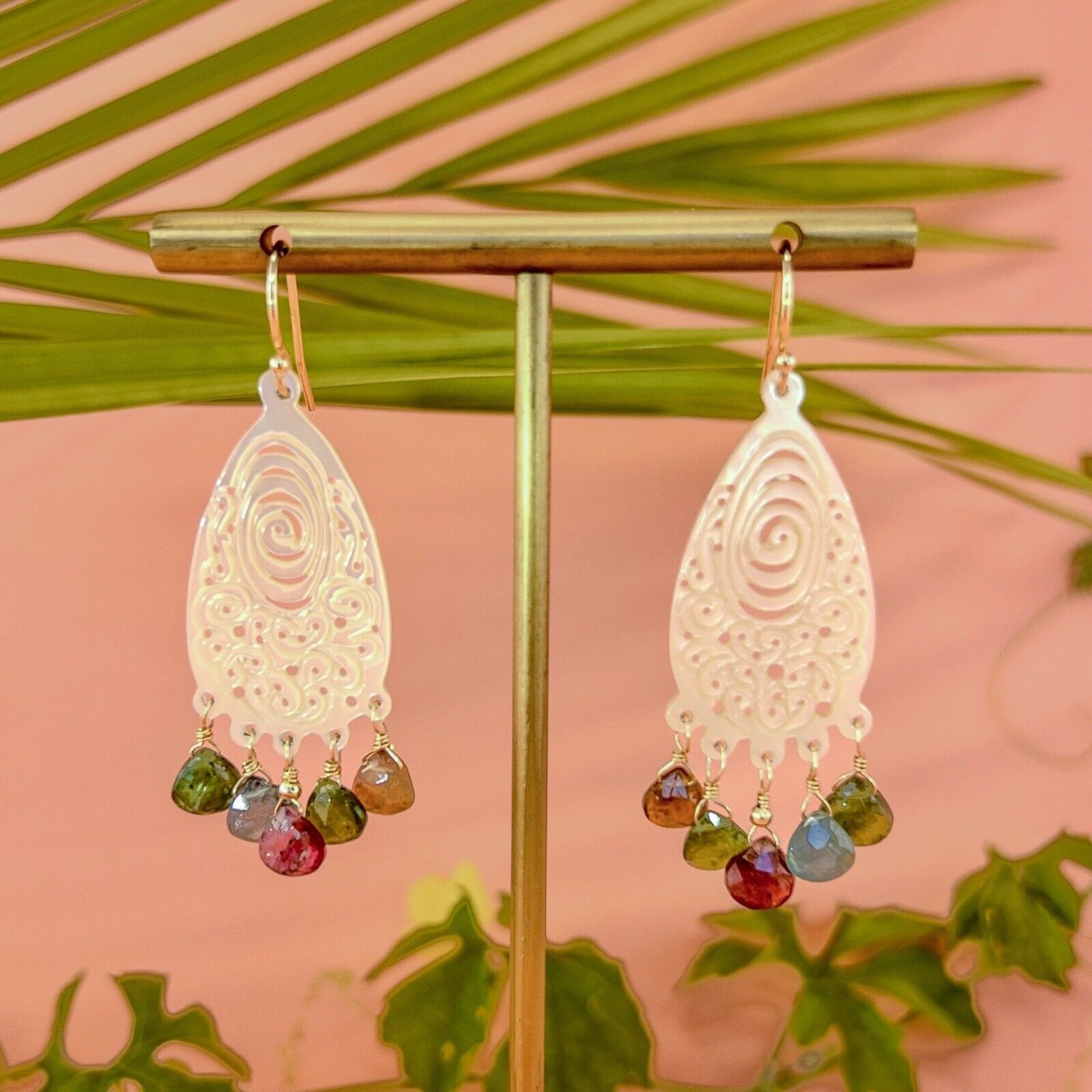 Solid 14k Yellow Gold Natural Tourmaline & Mother of Pearl Chandelier Earrings,