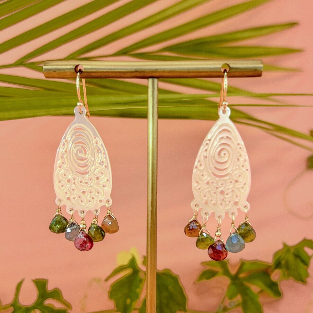 Solid 14k Yellow Gold Natural Tourmaline & Mother of Pearl Chandelier Earrings,